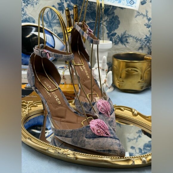 🆕 KURT GEIGER LONDON 🧿 NWOB Belgravia Pink Denim Vinyl High Heel, Sz 37 US 7 - Picture 6 of 16